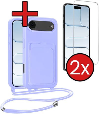 Hoesje Geschikt voor iPhone Air Hoesje Met Telefoonkoord en Pasjeshouder Met 2x Screenprotector Siliconen - Hoes Geschikt voor iPhone Air Hoesje Met Kaarthouder Case - Lila
