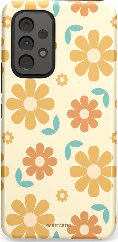 Casetastic hoesje geschikt voor Samsung Galaxy A53 (2022) 5G - Dubbellaagse bescherming - Flower power Retro Bloemen - Geel - Oranje - Blauw - Fashion Case - Crème Goud Perzik