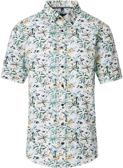 CASA MODA Sport casual fit overhemd - korte mouw - popeline - wit met blauw - geen en groen palmbomen dessin - Strijkvriendelijk - Boordmaat: 45 - 46
