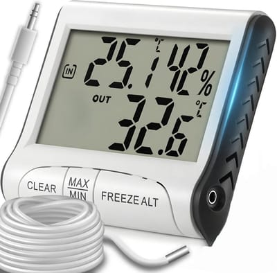 Een digitale thermometer met een buitensensor, hygrometer, binnenthermometer en hygrometer, en temperatuurmeting (Celsius en Fahrenheit), die naar wens kan worden aangepast.