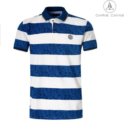 Chris Cayne heren poloshirt - L - wit/donkerblauw - polokraag - korte mouw – pique - geprint - gestreept patroon