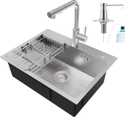 CECIPA max Spoelbak RVS 60x45CM - Spoelbak Keuken Met Uittrekbare Uitloop Keukenkraan en Zeepdispenser - Multifunctionele Spoelbak - Spoelbak Met Afdruiprek - Wasbak Keuken - RVS