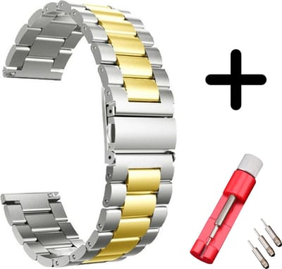 Strap-it Stalen schakel band - Geschikt voor Apple Watch bandje - Series 1/2/3/4/5/6/7/8/9/10/11/SE/SE2/SE3 - Zilver/Goud - Metalen band met RVS vlindersluiting - maat: 38 / 40 / 41 / 42mm - Met inkorter toolkit