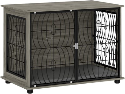Merax Hondenbench Meubel – Hondenkooi Binnen met Kussen – Hondenhuis in Tafel Design – Hondenbench Groot – 100x60x73,5 cm – Grijs