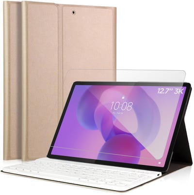 Hoes met toetsenbord geschikt voor Lenovo Idea Tab Pro 12.7 - Screen Protector GlassGuard - Keyboard Book Case Cover Hoesje Goud & Screenprotector