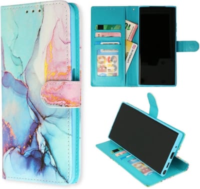 Cityhoesje – Bookcase – Geschikt voor Samsung S24-S25 – Marmer Roze Blauw