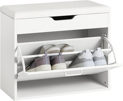 SoBuy Schoenenbank met Opklapbare Zitting & Gewatteerd Kussen, Compacte Schoenenkast met 1 Klep, Wit, 60×30×50 cm FSR95-W
