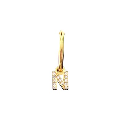 New Bling 9NB 906N Zilveren Oorring met letterhanger - Zirkonia - N - Half Paar - Goudkleurig