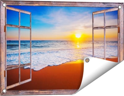 Gards Tuinposter Doorkijk Strand en Zee tijdens Zonsondergang - 60x40 cm - Tuindoek - Tuindecoratie - Wanddecoratie buiten - Tuinschilderij