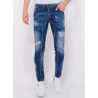 Jeans Heren - Spijkerbroek Heren Volwassenen - Stretch Jeans Heren - Destroyed / Ripped Jeans Heren Stonewashed - Slim Fit -1083- Blauw