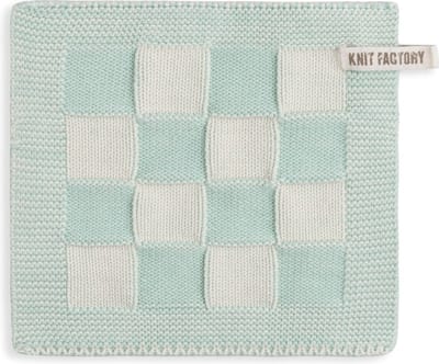 Knit Factory Gebreide Pannenlap Block - Pannenlappen gemaakt van 50% katoen & 50% acryl - Blokken motief - Traditionele look - 1 stuk - Ecru/Mint - Lichtgroen - 23x23 cm