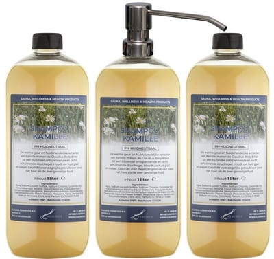 Shampoo Kamille - 1 liter (transparant) - 3 stuks - met zilveren pomp - Voordeelverpakking - Haarverzorging