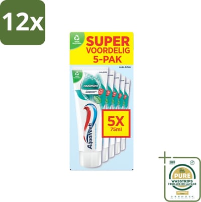 Aquafresh Tandpasta Coolmint - Fris en Beschermend - Voordeelverpakking - 5 tubes - Voordeelverpakking - 12 stuks - Frisse adem - Gaatjes bescherming