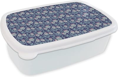 Broodtrommel Wit - Lunchbox - Brooddoos - Bloemen - Patroon - Natuur - 18x12x6 cm - Volwassenen
