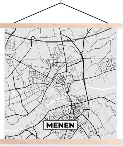 Posterhanger incl. Poster 40x40 cm - Schoolplaat - Stadskaart – Plattegrond – België – Zwart Wit – Menen – Kaart - Textielposter - Blanke latten - Stadskaart