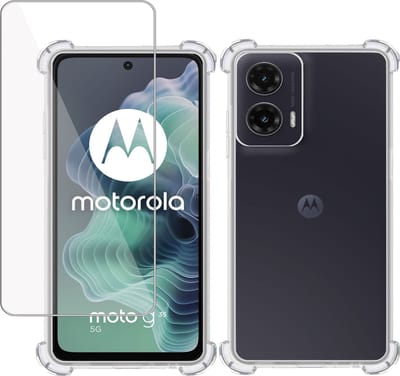 Hoesje + Screenprotector geschikt voor Motorola Moto G35 – Tempered Glass - Extreme Shock Case Transparant