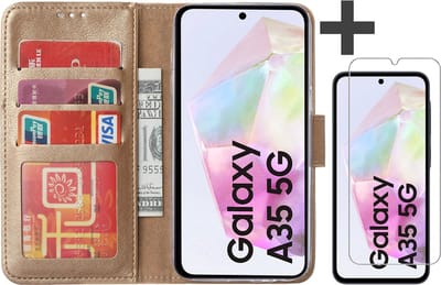Hoesje met Screenprotector Geschikt voor Samsung Galaxy A35 – Arara bookcase met pasjeshouder - Goud