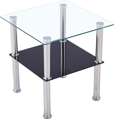 Moderne Vierkante Salontafel Glas met Facetrand - Bijzettafel Woonkamer RVS Onderstel 40x40x47 cm Zwart