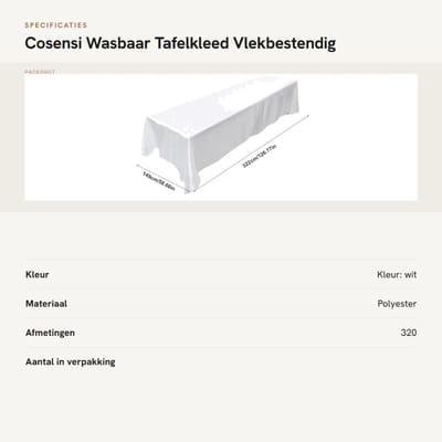 Dailygoods- Tafelkleed Vlek- en Kreukbestendig - Wasbaar - Onderhoudsvriendelijk - Polyester - Perfecte Afmetingen 147 x 320 cm - Elegante Uitstraling - Tafelbedekking