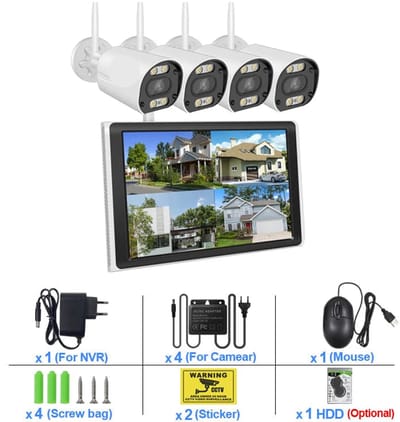 Beveiligingscamerasysteem - Draadloos - 3MP - 8CH NVR en 10.1” LCD - Openlucht- IP66 Waterdichte - Wifi - Bewakingscamera - Beveiligingscamera - Full Color Nachtzicht en Gezichtsdetectie - 500GB HDD - 4 Stuks - Wit