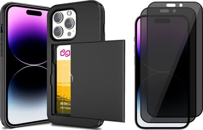 Hoesje met Pasjeshouder geschikt voor iPhone 14 Pro - 2x Privacy Screen Protector FullGuard - Back Cover SlideCase Zwart & Screenprotector