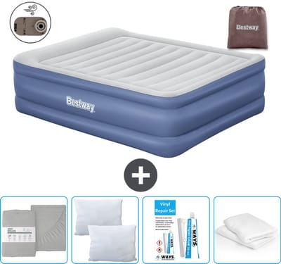 Bestway luchtbed - 2-Persoons - 152 x 203 x 61 cm - Grijs/Blauw - Inclusief pomp - Hoeslaken - Kussen - Kussenbeschermer en Reparatieset