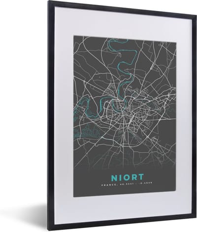 Fotolijst incl. Poster - Niort - Plattegrond - Kaart - Frankrijk - Stadskaart - 30x40 cm - Posterlijst