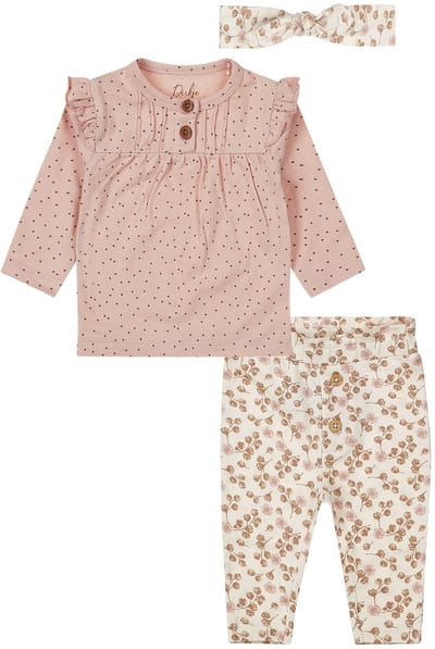Dirkje - Basic Collection - BIO COTTON - Broek met bloemetjes Offwhite - Shirt Light Dusty Pink met stipjes - Haarbandje - Maat 50