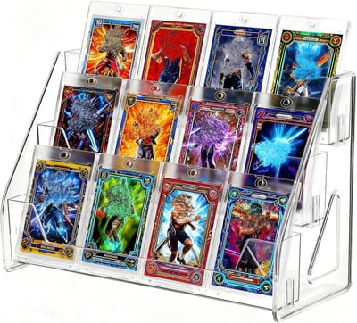 Transparante Display Stand met 3 Niveaus - Verticaal PET Rek voor Toploaders, Magnetische Houder en Verzamelkaarten