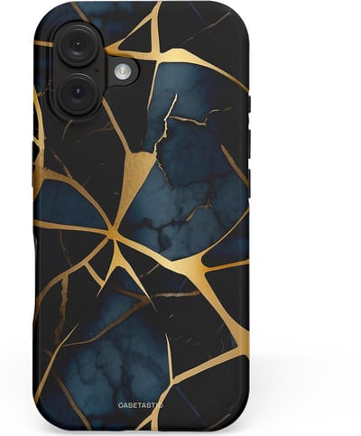 Casetastic hoesje geschikt voor Apple iPhone 16 - MagSafe - Dubbellaagse bescherming - Sterrennacht Marmer Goud - Fashion Case - Zwart Goud Donkerblauw