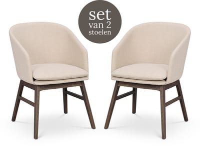 Rowico Home Windham Eetkamerstoel Beige - Donker Eiken Onderstel - Met Armleuning - Stof - Houten Poten - Set van 2 Eetkamerstoelen