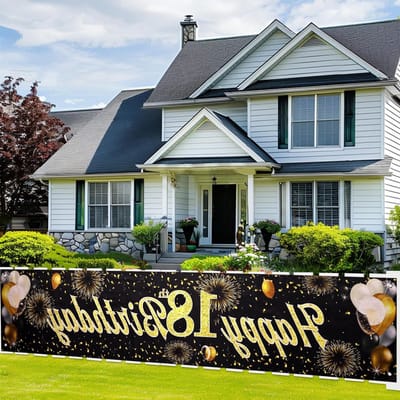 Feestelijke 18e Verjaardag Banner in Zwart-Goud, Decoratie voor Jongens en Meisjes, Ideaal voor Foto Achtergrond en Tuin Decor, 210x40cm
