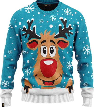 JAP Christmas Kersttrui voor kinderen (maat 98/104) - 100% Gerecycled - Kriebelt niet - Kerstcadeau - Foute Kersttrui jongens en meisjes (3/4 jaar) - Rudolf het Rendier - Licht blauw