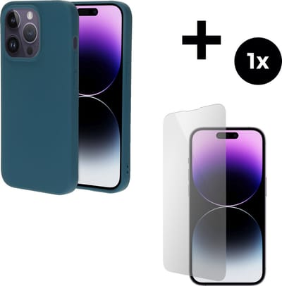 Mobiparts Silicone Cover hoesje geschikt voor Apple iPhone 14 Pro met 1 Screenprotector van Gehard Glas - Blauw
