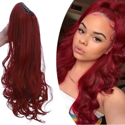 SnelShoppen - Ponytail Braid met Clip Haarstuk Haarextensions Heat Resistant (Steil + Golvend) 45 cm, Kastanjemix Donkerrood, Natuurlijk Uitziend voor