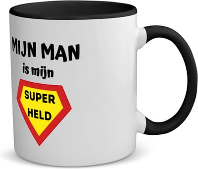 Akyol - mijn man is mijn superheld koffiemok - theemok - zwart - Vriend/vriendin - super man - valentijnsdag - verjaardag - cadeautje voor vriendje - kado - geschenk - 350 ML inhoud