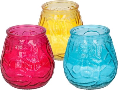 Arti Casa 6x stuks Citronella Lowboy tafelkaarsen 10 cm blauw-geel-rood glas