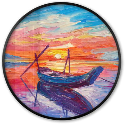 Poster in lijst Rond - Fotolijst 60x60 cm - Posters - Schilderij - Boot - Olieverf - Water - Ronde posterlijst zwart - Decoratie - Wanddecoratie woonkamer - Muurdecoratie slaapkamer