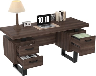 Merax Bureau 135x54 cm met 3 Lades (incl. Hangmappenlade) – Modern/Minimalistisch – MDF Werkblad 4 cm & Metalen Frame – Ruim Thuiswerk Bureau – Bruin/Zwart