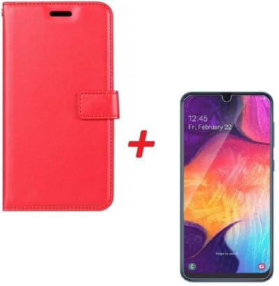Ntech Hoesje Geschikt Voor Samsung Galaxy A70/A70s Portemonnee hoesje Rood Met Glazen screenprotector