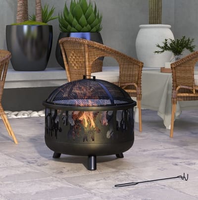 MEUNIQ Vuurschaal voor buiten Ø61 x 55 cm met vonkenscherm, afneembaar grillrooster en pook, metalen vuurkorf voor tuin of terras, zwart