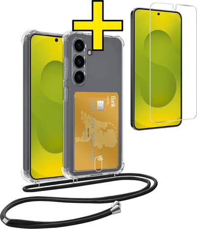 Hoesje Geschikt voor Samsung S25 Telefoonhoesje Met Koord Case Pashouder Met Screenprotector Siliconen - Hoes Geschikt voor Samsung Galaxy S25 Hoesje Met Kaarthouder - Transparant