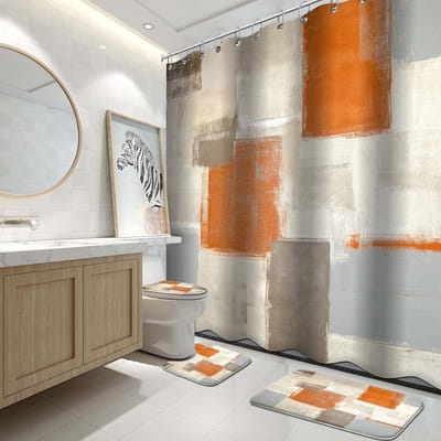 Famanu – Badkamer douchegordijn set met tapijten – moderne oranje/witte badkamer set met accessoires