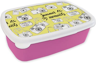 Broodtrommel Roze - Lunchbox - Brooddoos - Camera - Zomer - Quotes - Patronen - 18x12x6 cm - Kinderen - Meisje