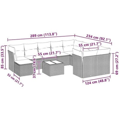 vidaXL 11-delige Loungeset met kussens poly rattan lichtgrijs
