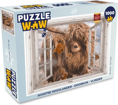 Puzzel Schotse hooglander - Doorkijk - Vlinder - Legpuzzel - Puzzel 1000 stukjes volwassenen
