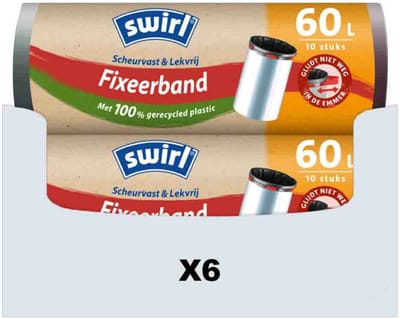 Swirl Vuilniszakken 60 Liter | Fixeerband | 60 Zakken | Gerecycled LDPE | 35 My | 68x73 cm - Swirl Fixeerbandzakken 60L, Swirl 60 Liter Fixeerband