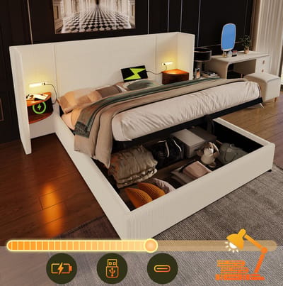 MEUNIQ tweepersoons bed 160x200 cm met opbergruimte, leeslamp, 2 USB en 2 Type-C, gestoffeerd bedframe met lattenbodem en hoofdbordplank voor slaapkamer, beige wit