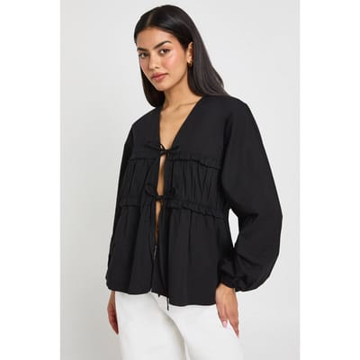 boohoo Dames Strikblouse met Ruches in Poplin | Zwart | Maat: 38