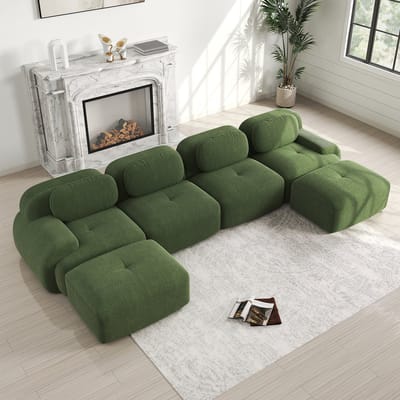 U-Bank, 4-Zitsbank, Modulaire U-vormige Bank van Hoogwaardige Corduroy Stof, Frameloze Bank, Geen Montage Nodig, Antislip en Huisdiervriendelijk, Extra Brede Armleuningen, 32D zeer Elastische Vulling, Groente